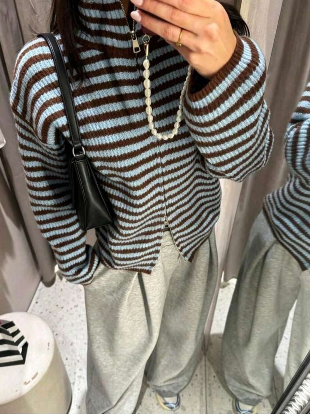 Women's Y2K Elegant Cute Blue & Brown Striped Full Zip High Neck Knit